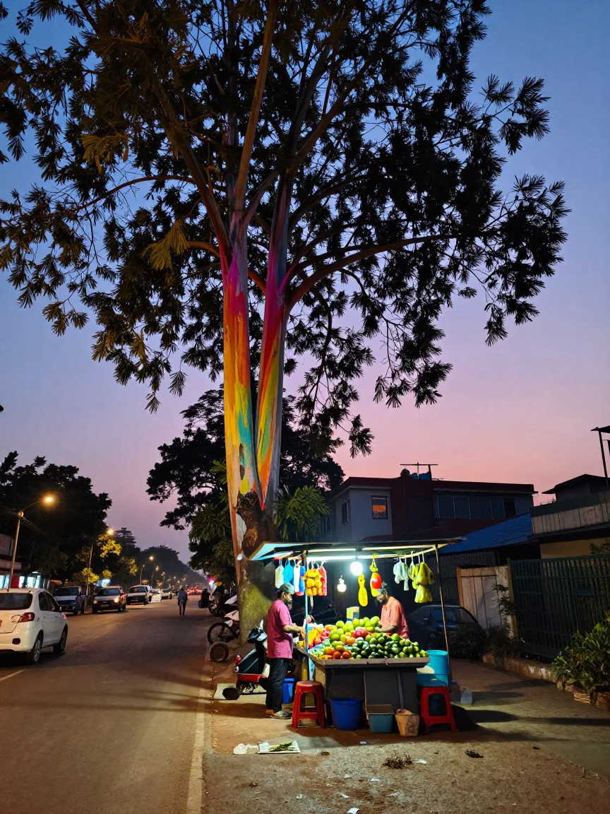 Twilight street scene in Chennai India with colorful eucalyptus tree and local commerce in in Chennai, India