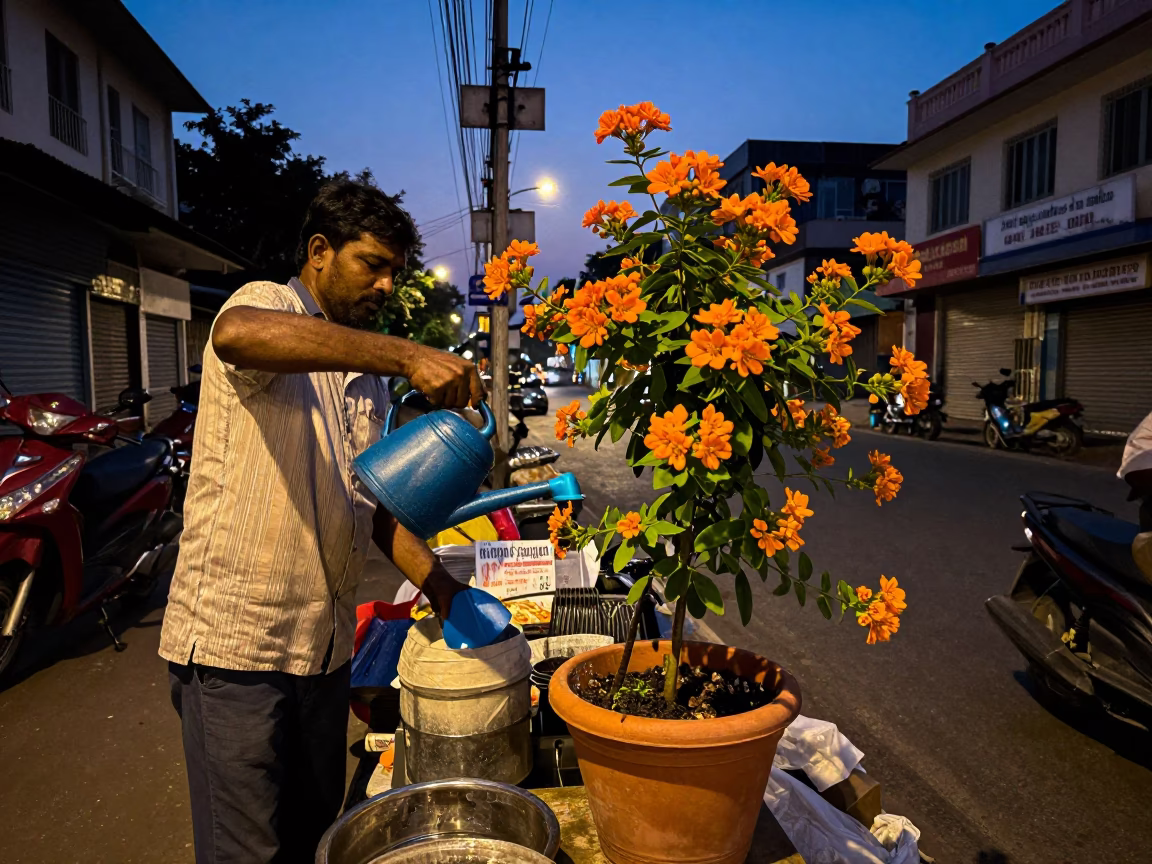 Twilight Street Scene in Chennai India with Flowering Plant and Watering Jug in in Chennai, India