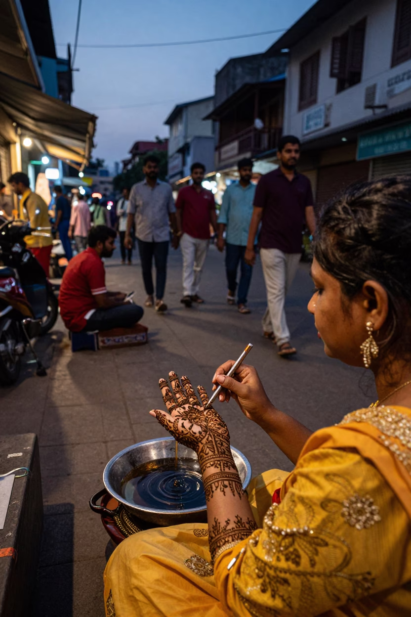 Twilight Street Scene in Chennai India with Henna Artist and Water Hyacinth Choked Waterway in in Chennai, India