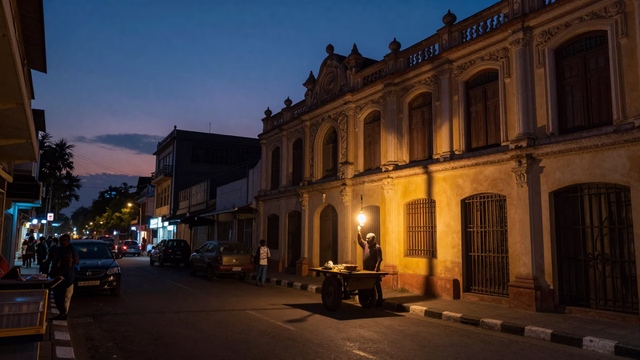 Twilight Street Scene in Chennai India with Lantern and Urban Architecture in in Chennai, India