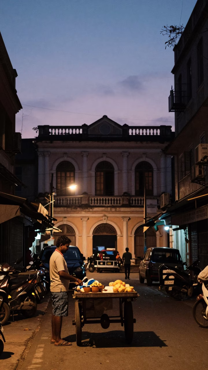 Twilight Street Scene in Chennai India with Local Vendor and Urban Details in in Chennai, India