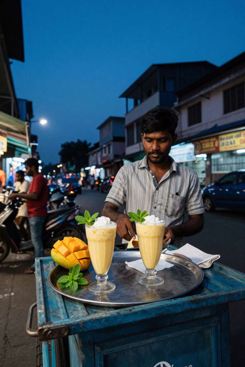 Twilight Street Scene in Chennai India with Mango Lassi and Mint Leaves in in Chennai, India