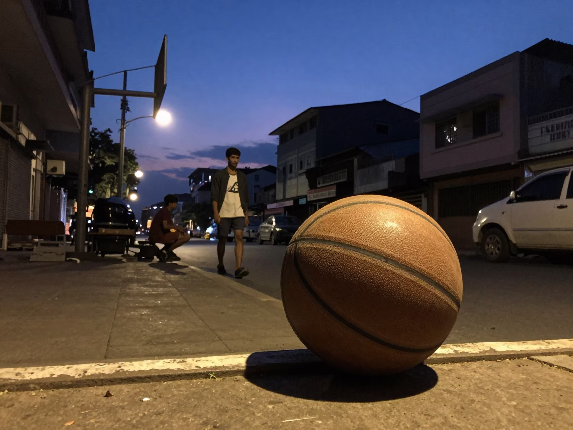 Twilight Street Scene in Chennai India with Old Leather Basketball and Dusty Window in in Chennai, India