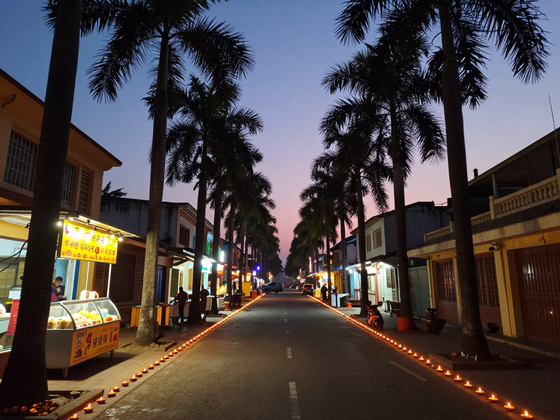 Twilight street scene in Chennai India with palm trees and Diwali oil lamps in in Chennai, India