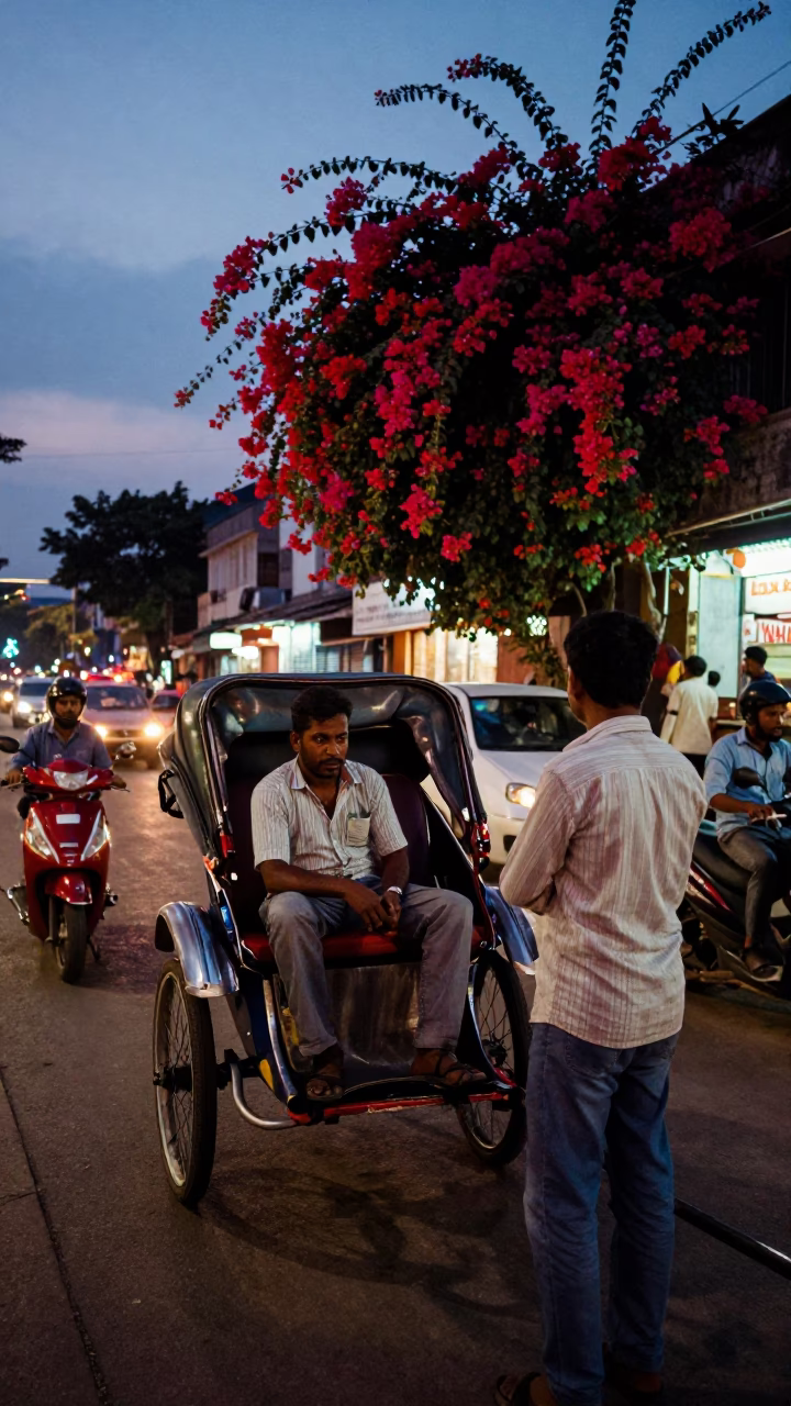 Twilight street scene in Chennai India with rickshaw driver and bougainvillea in in Chennai, India
