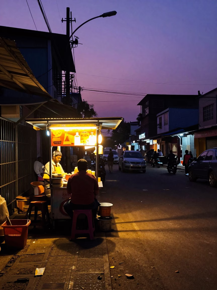 Twilight Street Scene in Chennai India with Tea Stall and Local Life in in Chennai, India