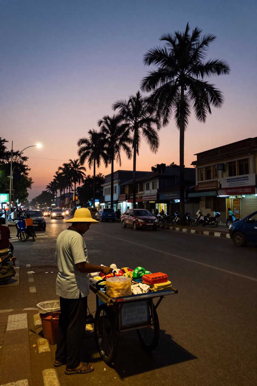 Twilight street scene in Chennai India with vendor and sun hat in in Chennai, India
