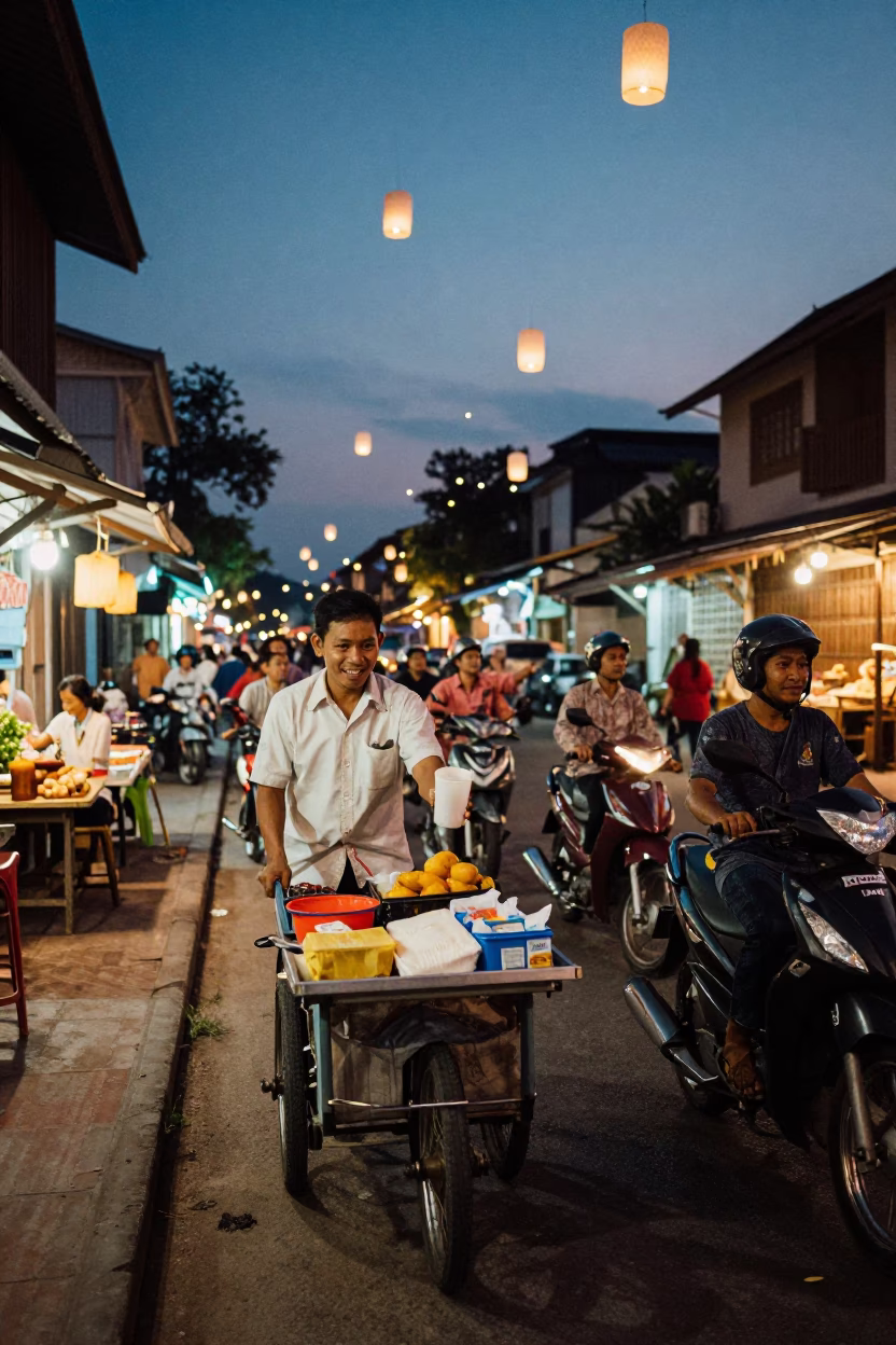 Twilight street scene in Chiang Mai Thailand with floating lanterns and motorbikes in in Chiang Mai, Thailand