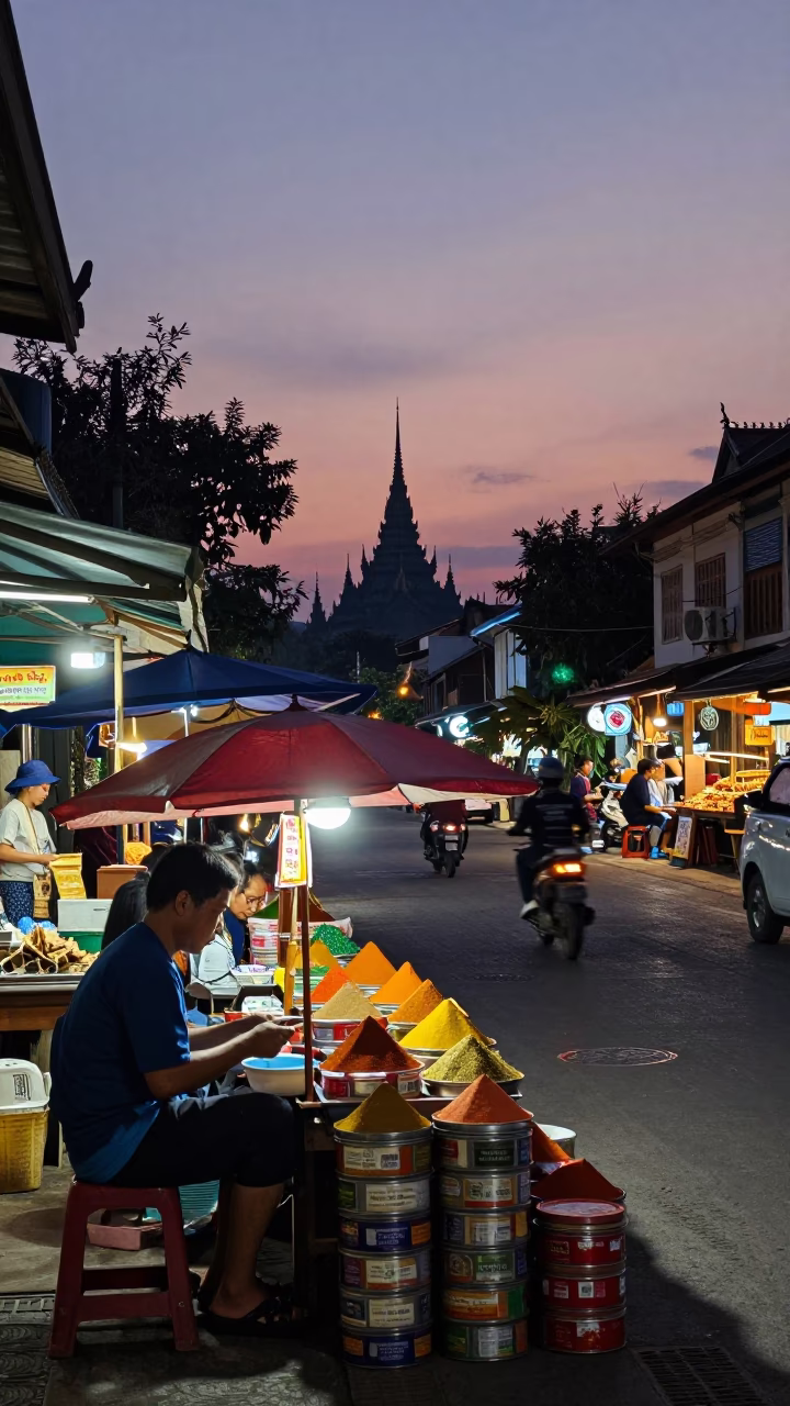 Twilight street scene in Chiang Mai Thailand with vendor selling spice tins and onions in in Chiang Mai, Thailand