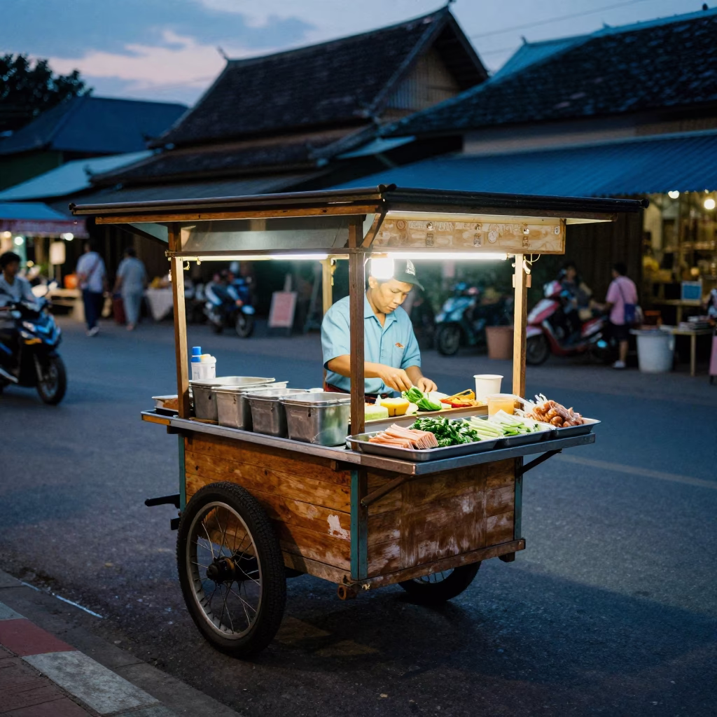 Twilight Street Scene in Chiang Mai Thailand with Wooden Cart and Local Vendor in in Chiang Mai, Thailand