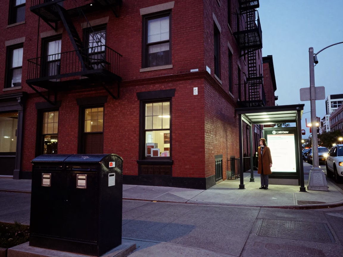 Twilight Street Scene in Chicago Illinois with File Box and Window Light in in Chicago, Illinois, United States