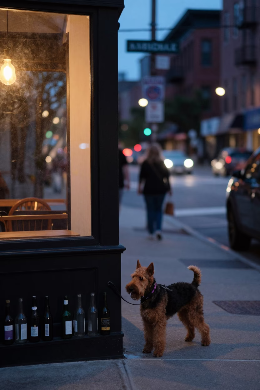 Twilight Street Scene in Chicago Illinois with Glass Bottles and Airedale Terrier in in Chicago, Illinois, United States