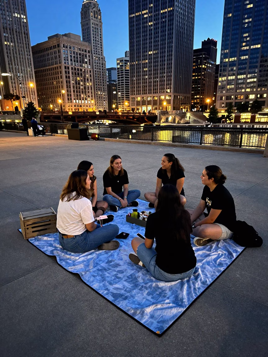 Twilight Street Scene in Chicago Illinois with Picnic Blanket and Crate in in Chicago, Illinois, United States