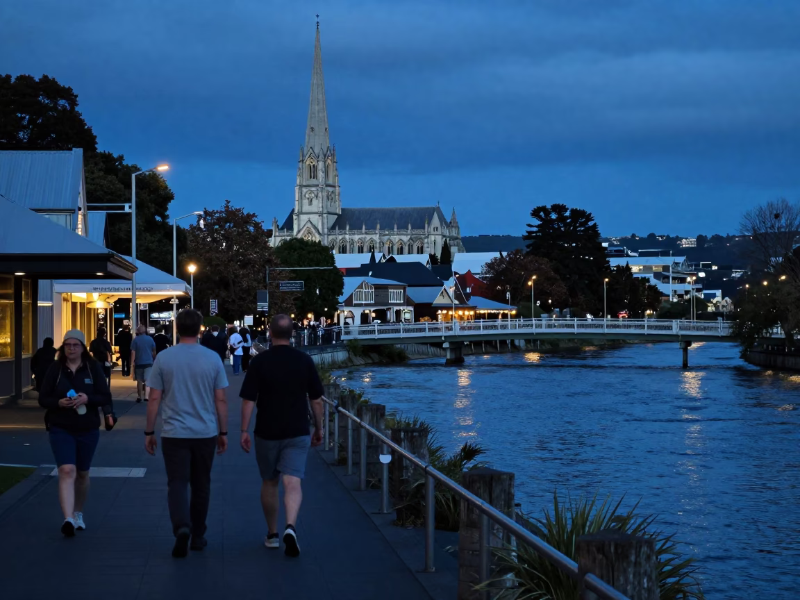 Twilight Street Scene in Christchurch New Zealand with Distant Cathedral and Local Pedestrians in in Christchurch, New Zealand