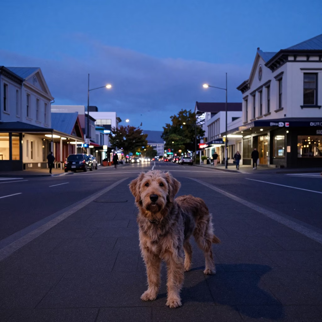 Twilight Street Scene in Christchurch New Zealand with Flat-Coated Retriever and Urban Architecture in in Christchurch, New Zealand