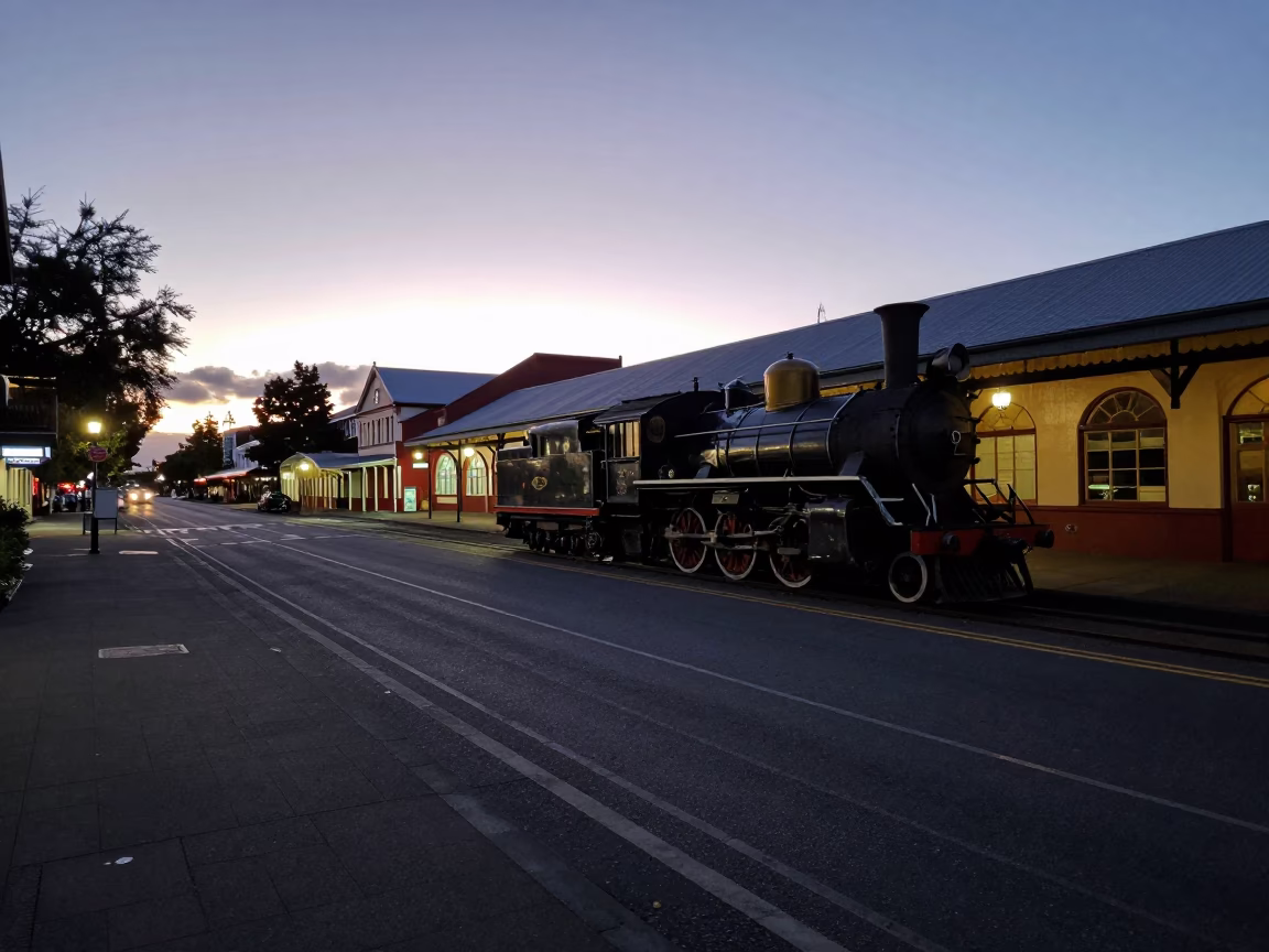 Twilight Street Scene in Christchurch New Zealand with Heritage Steam Locomotive and Urban Architecture in in Christchurch, New Zealand