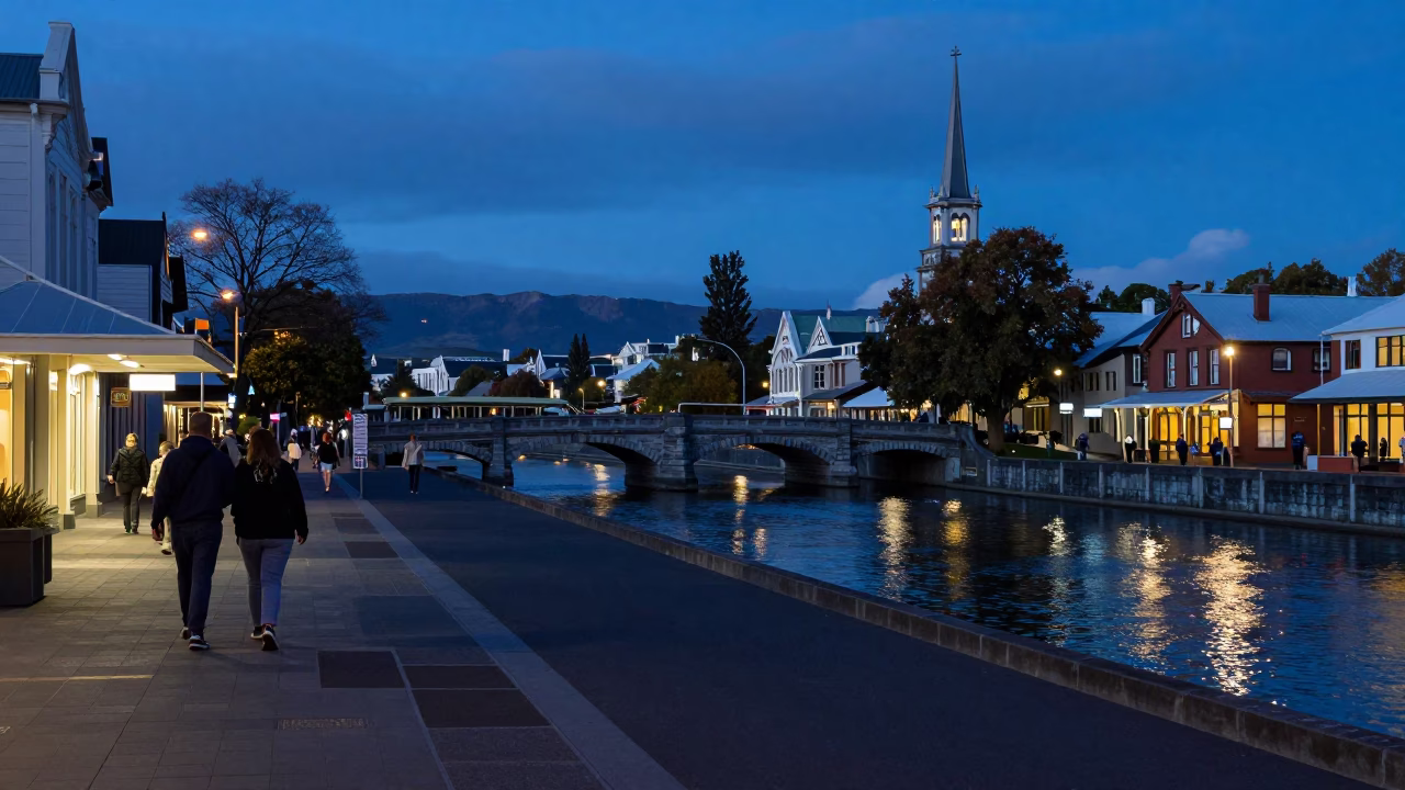 Twilight Street Scene in Christchurch New Zealand with Local Details in in Christchurch, New Zealand