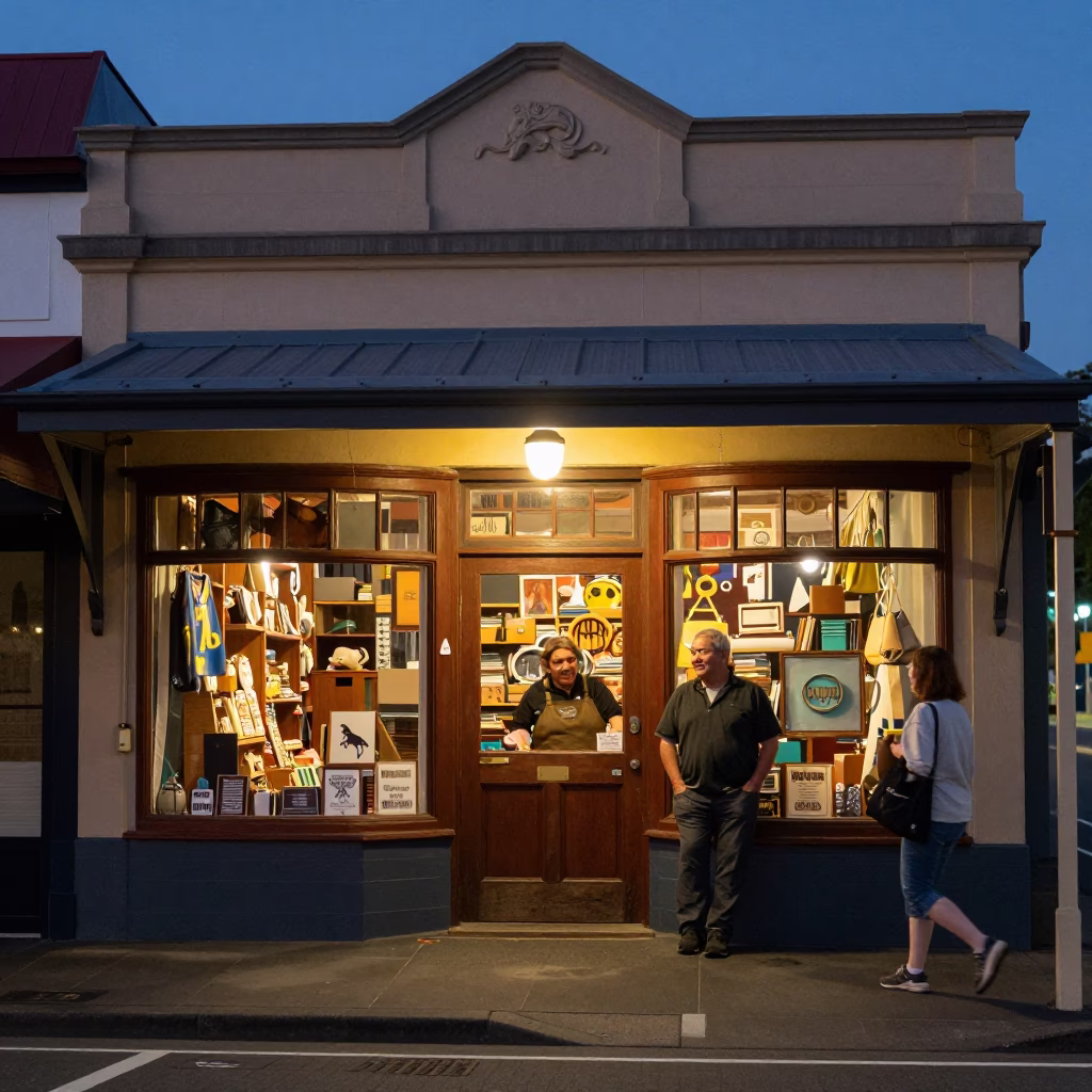 Twilight Street Scene in Christchurch New Zealand with Local Shopkeeper and Rustic Details in in Christchurch, New Zealand