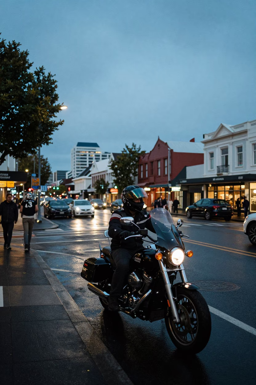 Twilight Street Scene in Christchurch New Zealand with Motorcyclist and Urban Details in in Christchurch, New Zealand