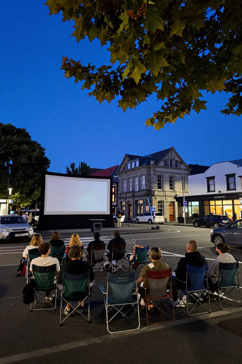 Twilight Street Scene in Christchurch New Zealand with Outdoor Cinema and Leaf Shadows in in Christchurch, New Zealand