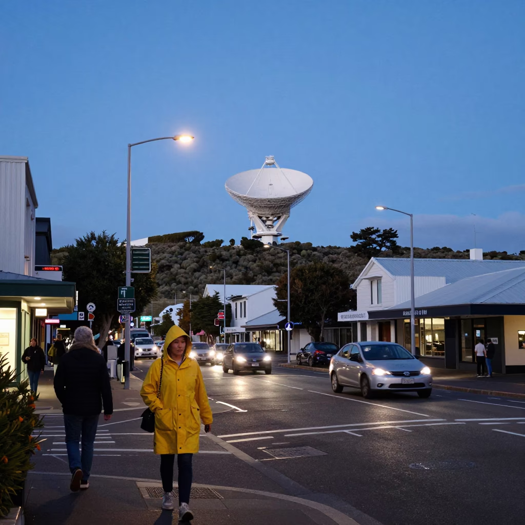 Twilight Street Scene in Christchurch New Zealand with Radiotelescope and Urban Activity in in Christchurch, New Zealand