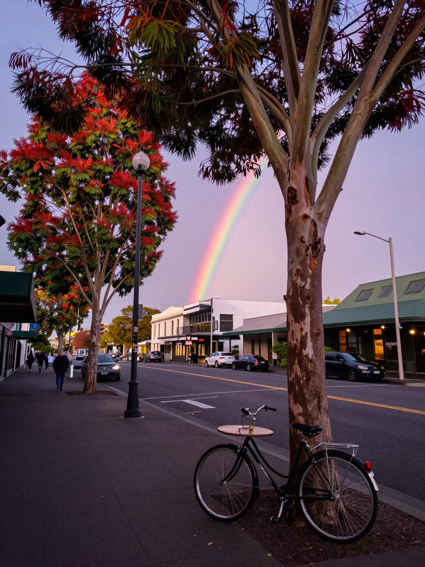 Twilight Street Scene in Christchurch New Zealand with Rainbow Eucalyptus and Vintage Details in in Christchurch, New Zealand
