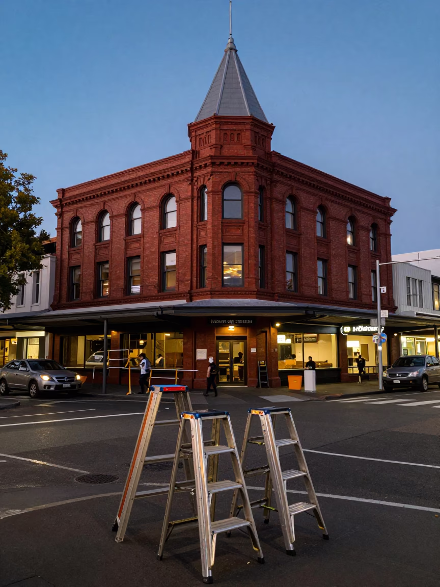 Twilight Street Scene in Christchurch New Zealand with Stepladders and Steel Details in in Christchurch, New Zealand