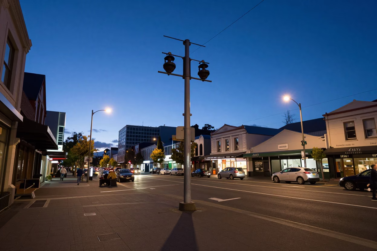 Twilight Street Scene in Christchurch New Zealand with Substation and Urban Details in in Christchurch, New Zealand