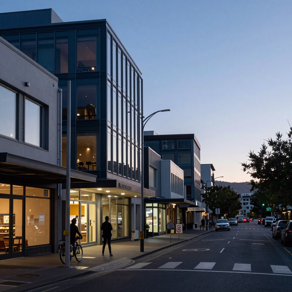 Twilight Street Scene in Christchurch New Zealand with Urban Details in in Christchurch, New Zealand