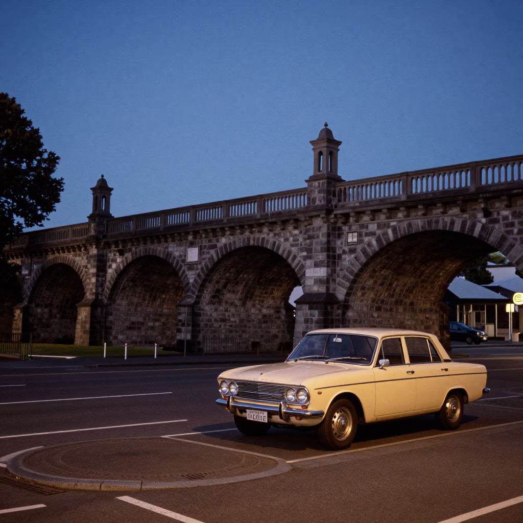 Twilight Street Scene in Christchurch New Zealand with Vintage 1960s Aesthetic in in Christchurch, New Zealand