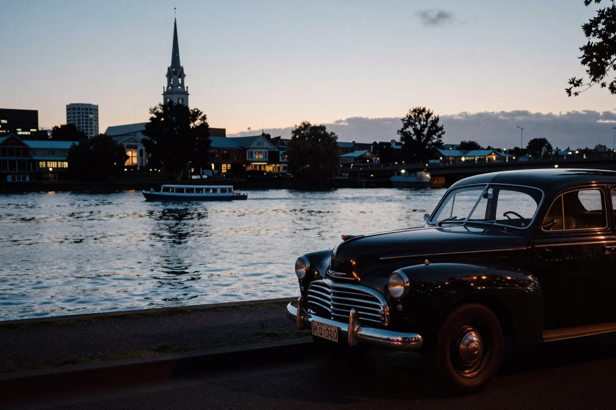 Twilight Street Scene in Christchurch New Zealand with Vintage Car and River Reflections in in Christchurch, New Zealand