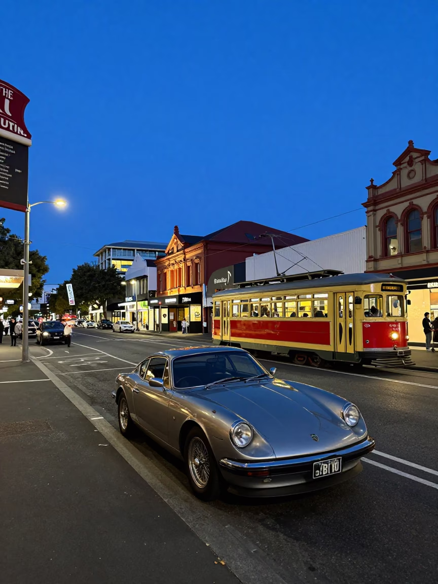 Twilight Street Scene in Christchurch New Zealand with Vintage Car and Tram in in Christchurch, New Zealand