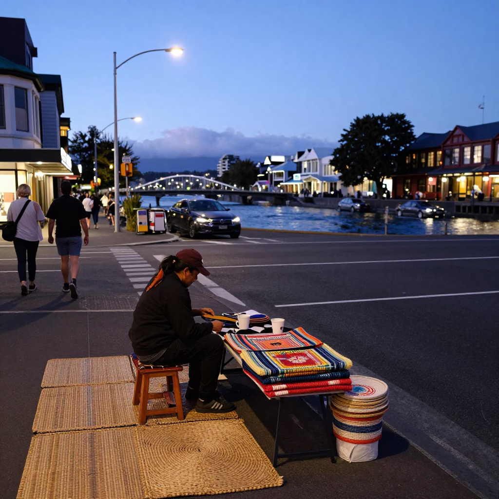 Twilight Street Scene in Christchurch New Zealand with Woven Mats and Coffee Shop in in Christchurch, New Zealand