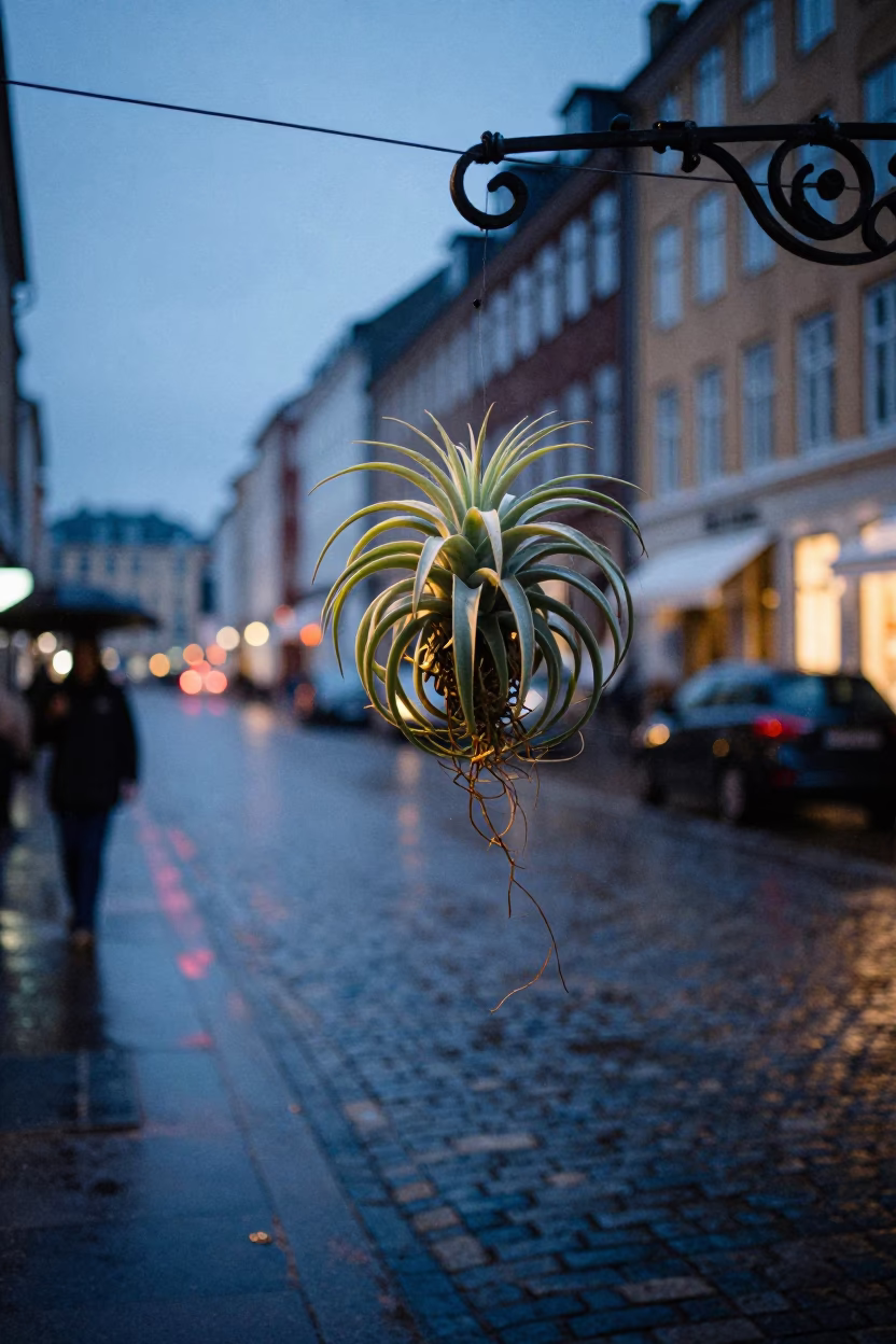 Twilight Street Scene in Copenhagen Denmark with Air Plant and Watering Jug in in Copenhagen, Denmark