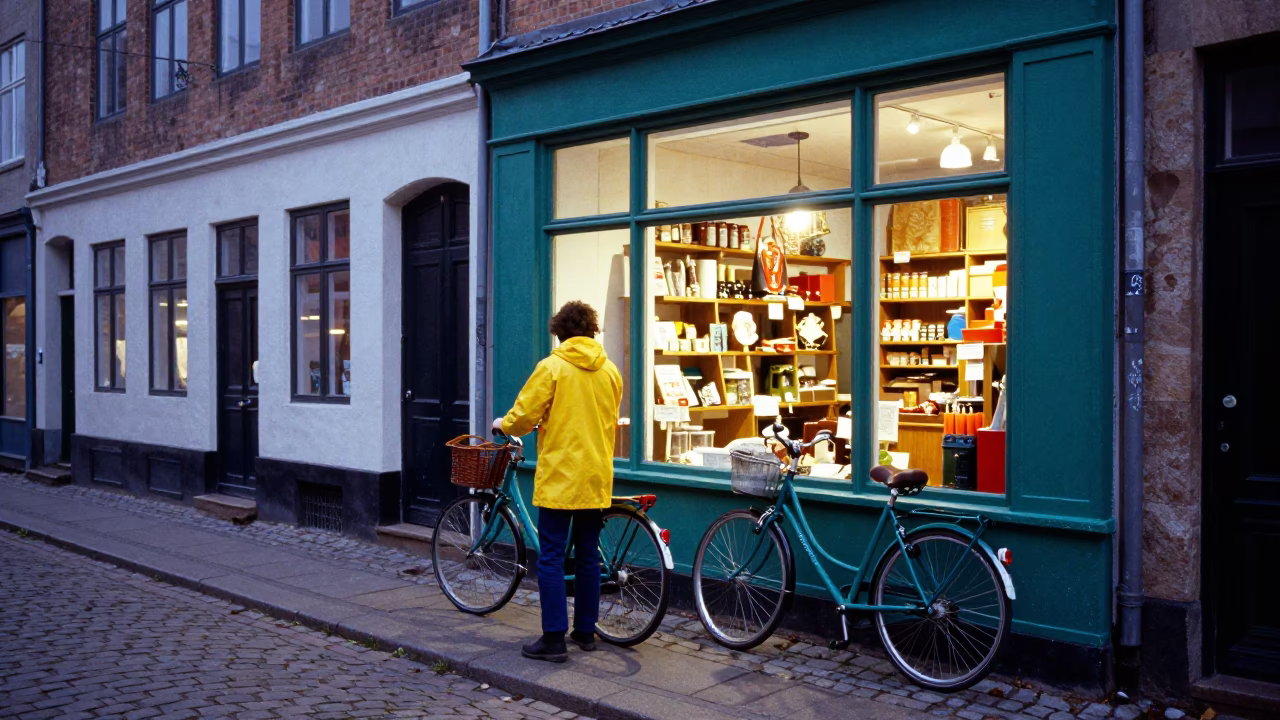 Twilight street scene in Copenhagen Denmark with colorful bicycle and teal shopfront in in Copenhagen, Denmark