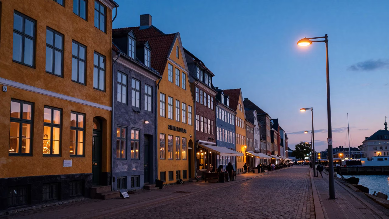 Twilight street scene in Copenhagen Denmark with colorful storefronts and urban life in in Copenhagen, Denmark