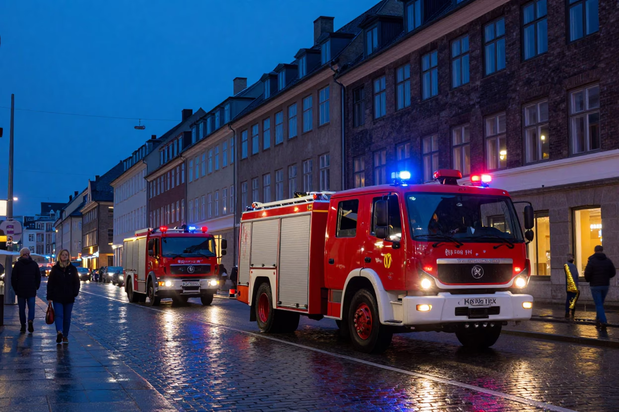 Twilight Street Scene in Copenhagen Denmark With Fire Engine and Brass Details in in Copenhagen, Denmark