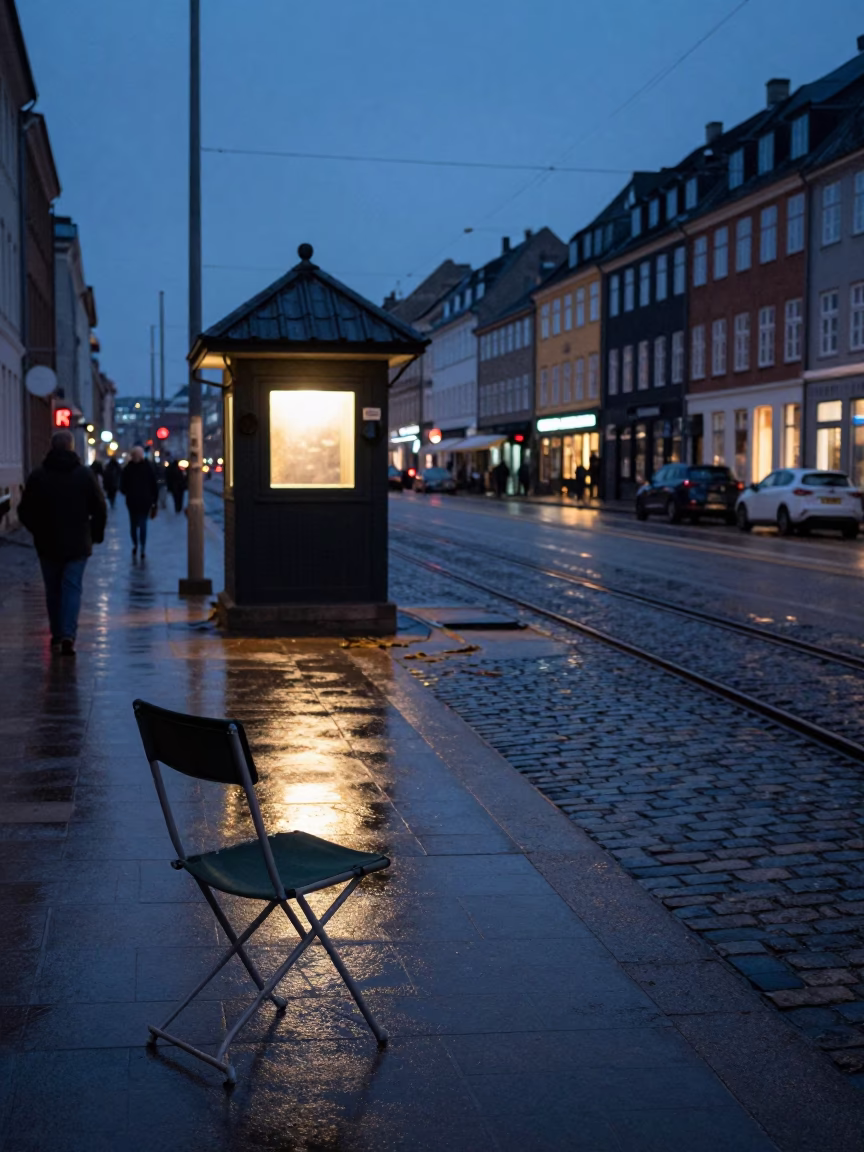 Twilight Street Scene in Copenhagen Denmark with Folding Chair and Railway Signal in in Copenhagen, Denmark