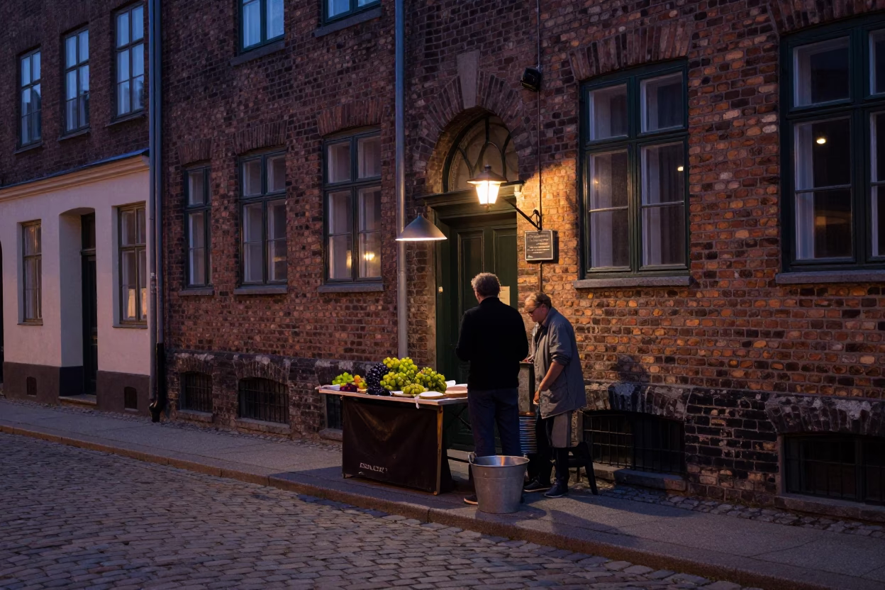 Twilight Street Scene in Copenhagen Denmark with Metal Bucket and Grapes in in Copenhagen, Denmark