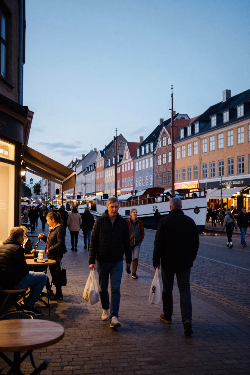 Twilight Street Scene in Copenhagen Denmark with Steamboat and Local Life in in Copenhagen, Denmark