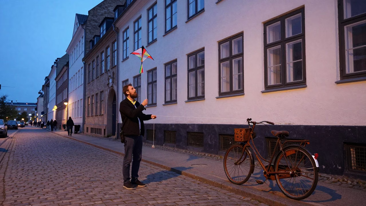 Twilight Street Scene in Copenhagen Denmark With Vintage Bicycle and Kite Reel in in Copenhagen, Denmark