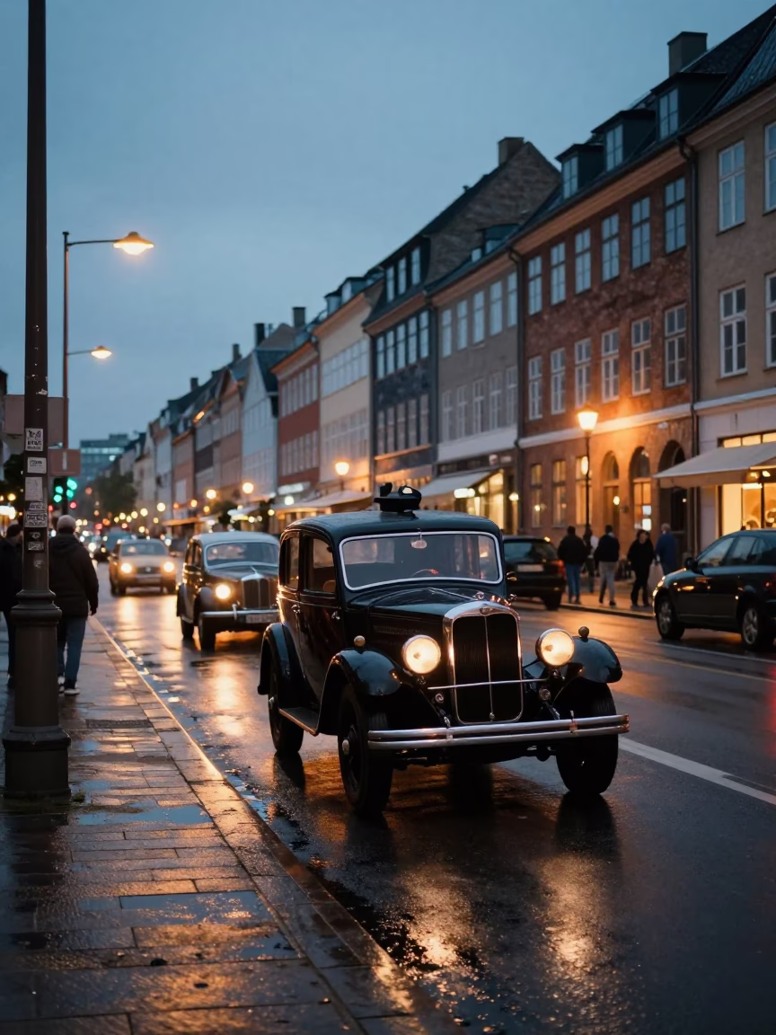 Twilight Street Scene in Copenhagen Denmark with Vintage Car and Mechanical Pencil in in Copenhagen, Denmark