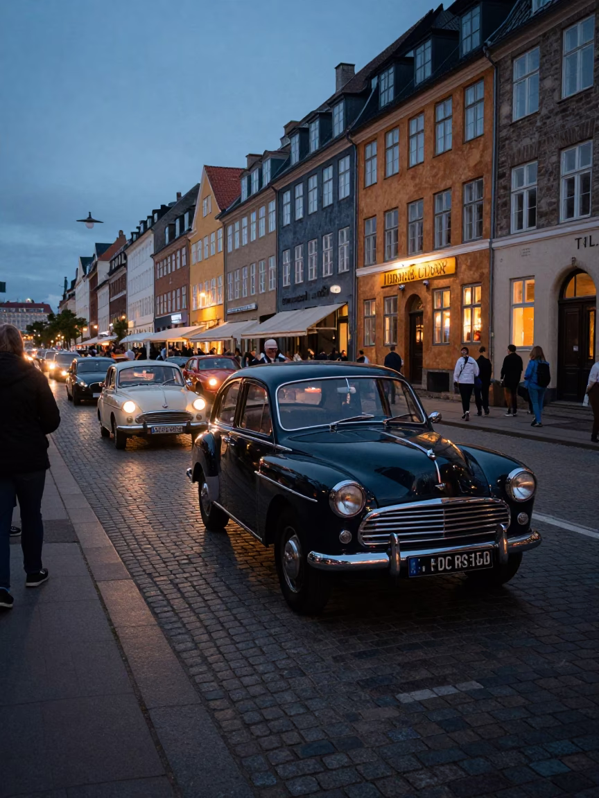 Twilight Street Scene in Copenhagen Denmark with Vintage Car Rally and Wooden Stool in in Copenhagen, Denmark