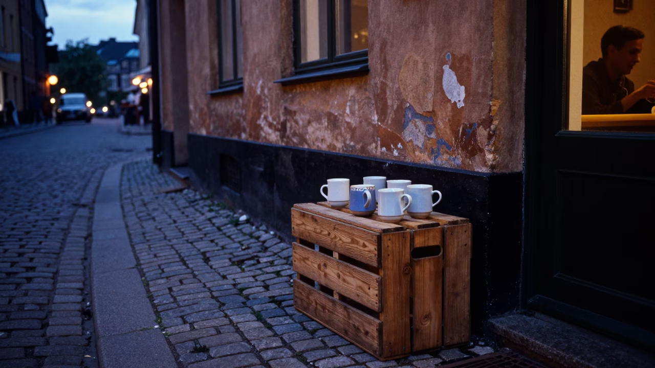 Twilight Street Scene in Copenhagen Denmark with Wooden Crate and Ceramic Mugs in in Copenhagen, Denmark