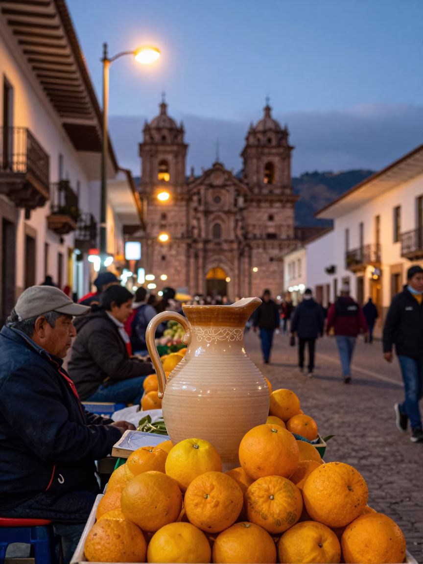 Twilight Street Scene in Cusco Peru with Ceramic Pitcher and Oranges in in Cusco, Peru