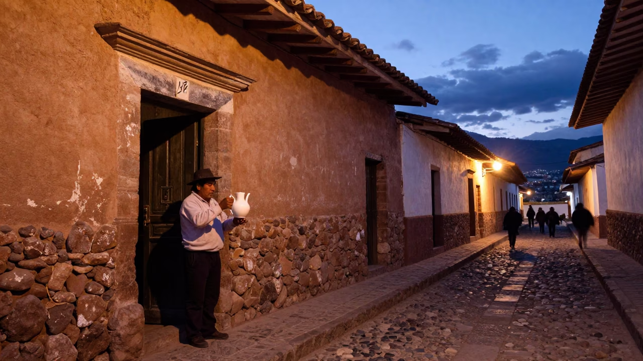 Twilight Street Scene in Cusco Peru with Ceramic Pitcher and Traditional Adobes in in Cusco, Peru
