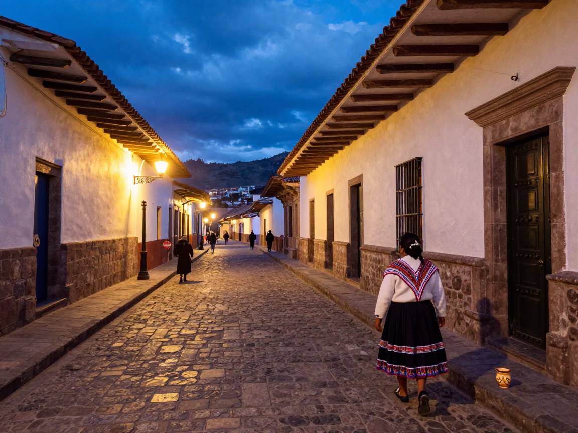 Twilight Street Scene in Cusco Peru with Colonial Architecture and Local Life in in Cusco, Peru