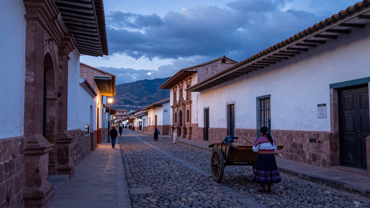 Twilight Street Scene in Cusco Peru with Colonial Architecture and Local Market Activity in in Cusco, Peru