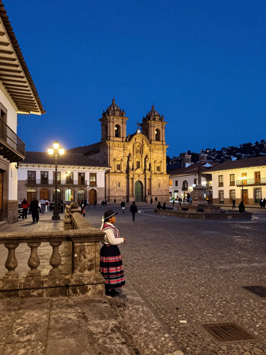 Twilight street scene in Cusco Peru with colonial architecture and local vendor in in Cusco, Peru