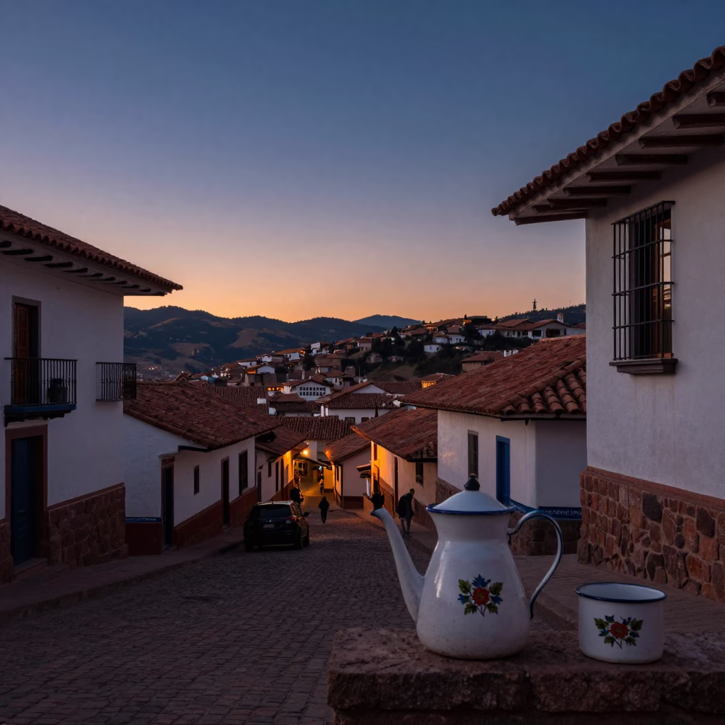 Twilight Street Scene in Cusco Peru with Enamel Pitcher and Colonial Architecture in in Cusco, Peru